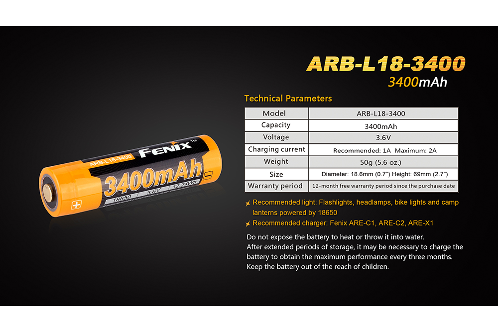 Fenix ARB-L18-3400mAh Rechargeable 18650 Battery