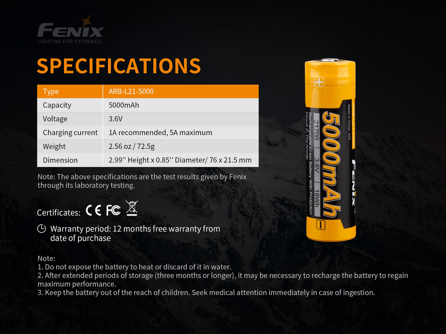 Fenix 21700 Rechargeable Li-ion Battery -  5000 mAh - V2