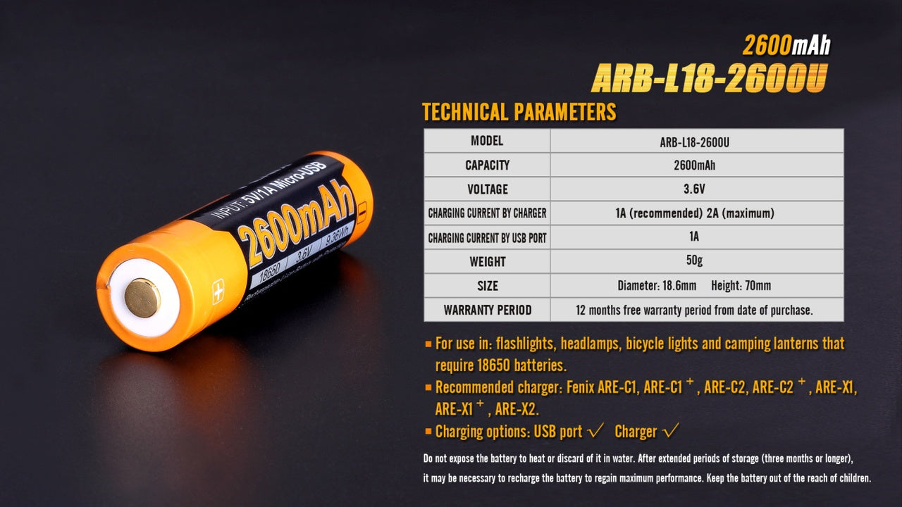 Fenix ARB-L18-2600U USB Rechargeable Li-ion 18650 Battery